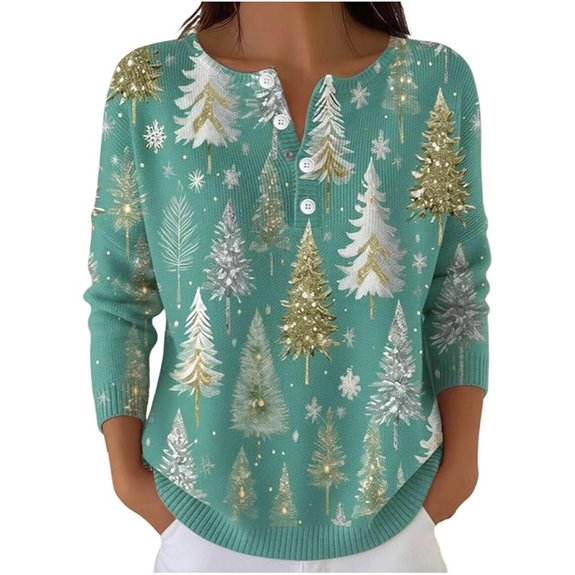 Christmas Women 2025 Print Henley V-Neck Sweatshirt